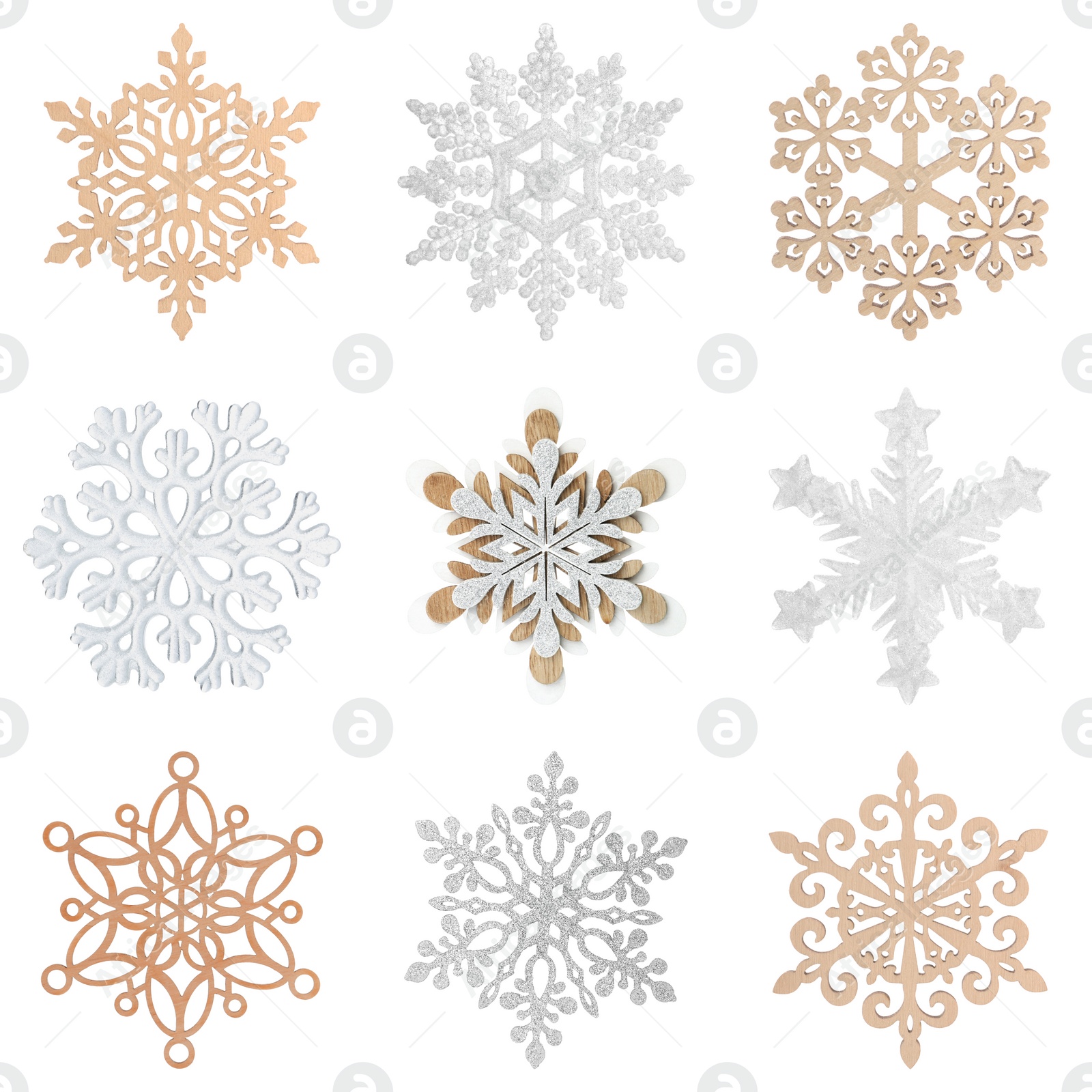 Image of Set of beautiful decorative snowflakes on white background