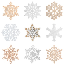 Image of Set of beautiful decorative snowflakes on white background