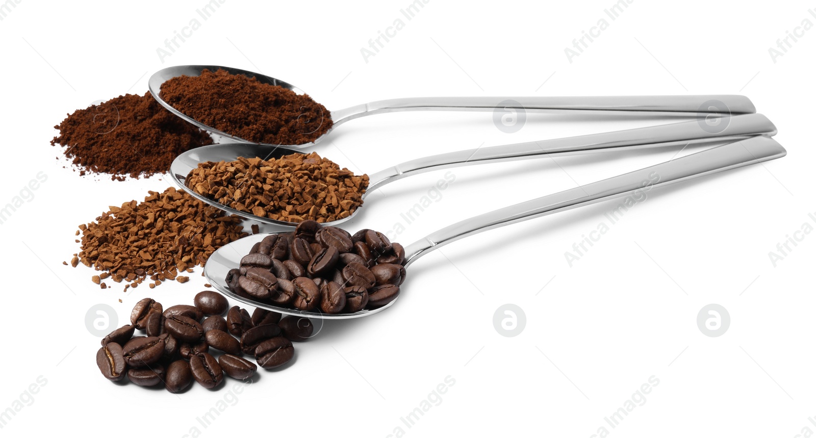 Photo of Spoons of beans, instant and ground coffee on white background