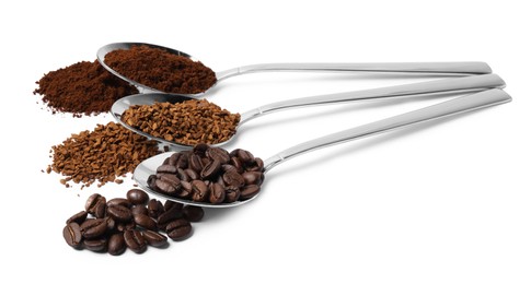 Photo of Spoons of beans, instant and ground coffee on white background