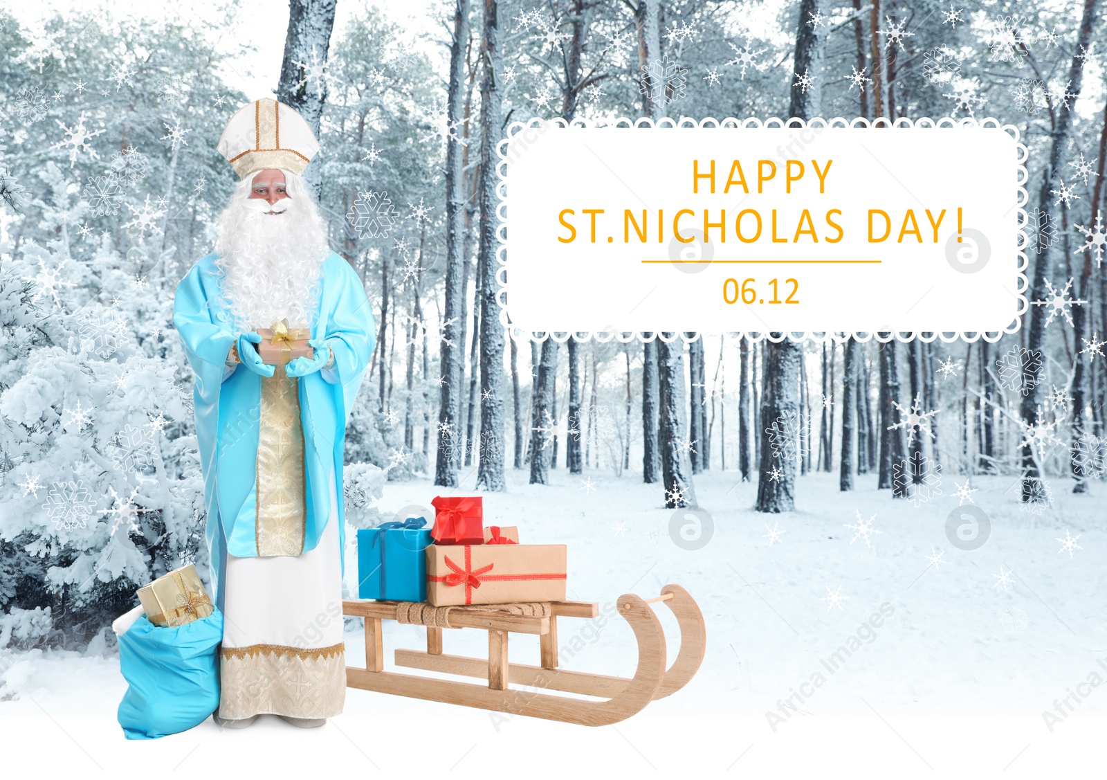 Image of Greeting card design. Saint Nicholas with presents in snowy forest 