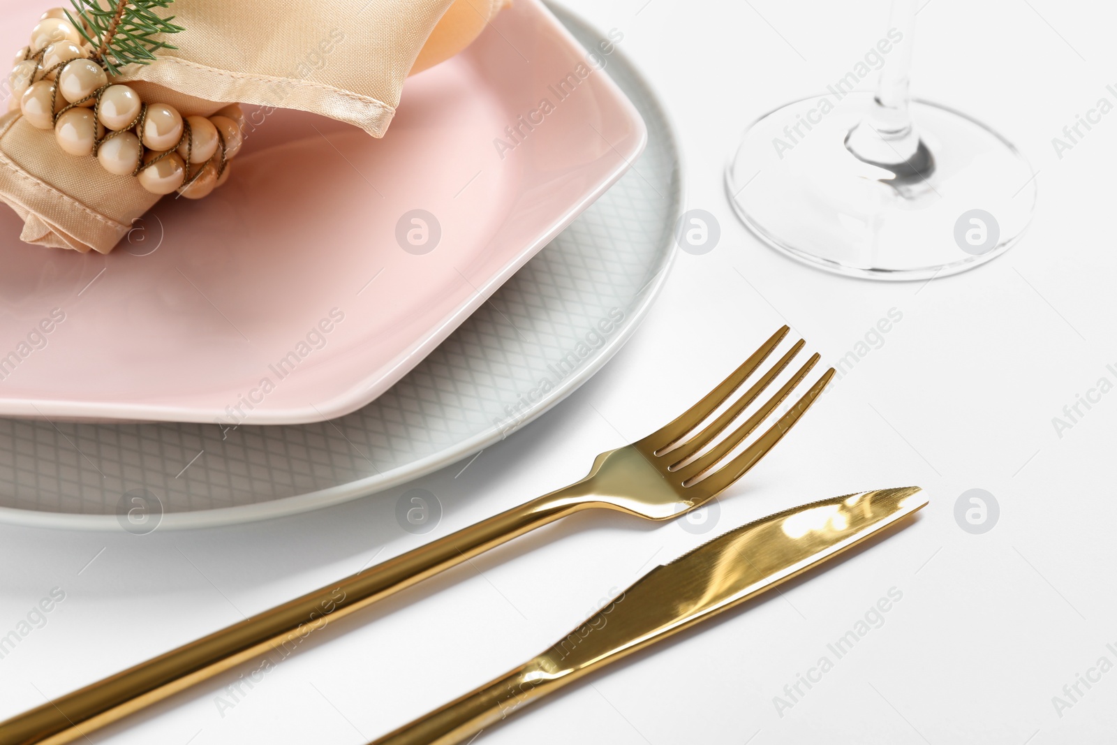 Photo of Elegant table setting on white background, closeup