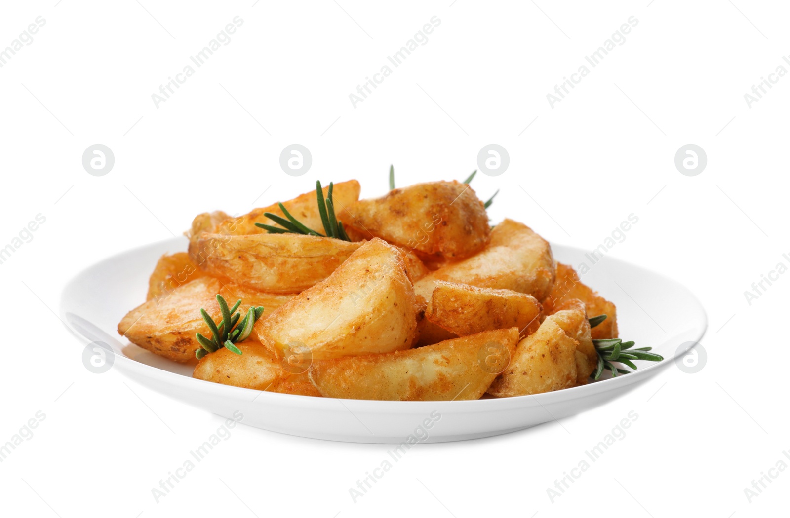 Photo of Plate with baked potatoes and rosemary on white background