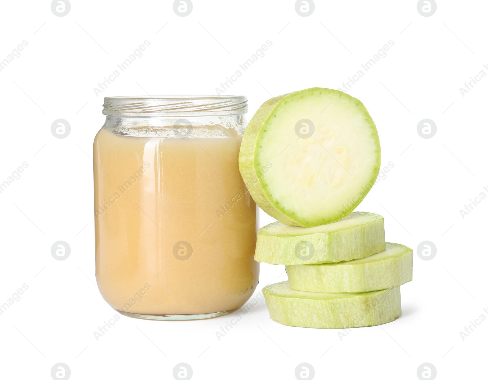 Photo of Tasty baby food in jar and fresh squash isolated on white