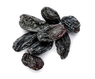 Photo of Tasty raisins on white background, top view. Healthy dried fruit