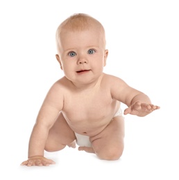 Cute little baby crawling on white background