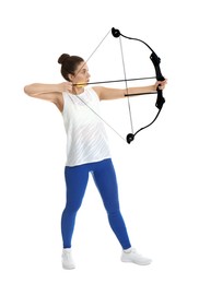 Photo of Woman with bow and arrow practicing archery on white background
