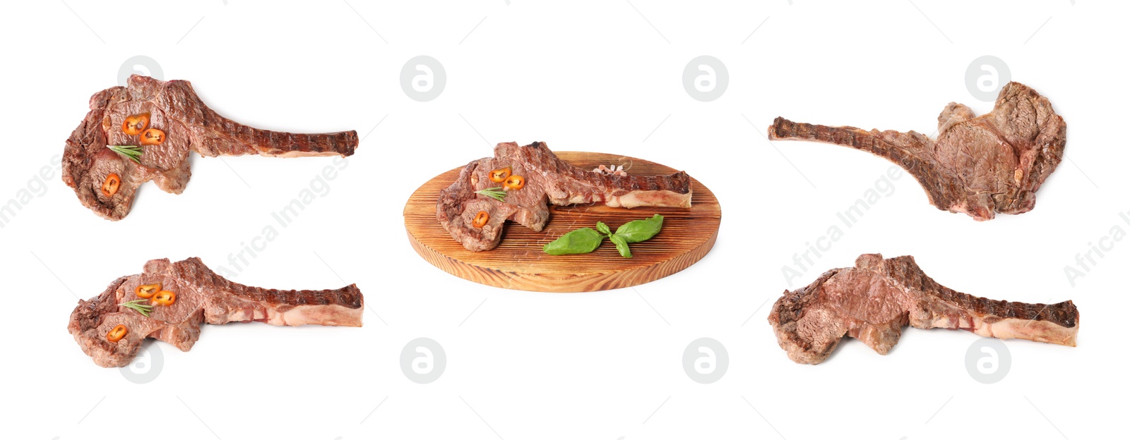 Image of Delicious fried beef meat isolated on white, set