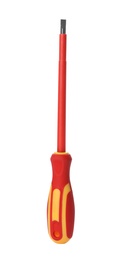 Photo of New screwdriver on white background. Professional construction tool