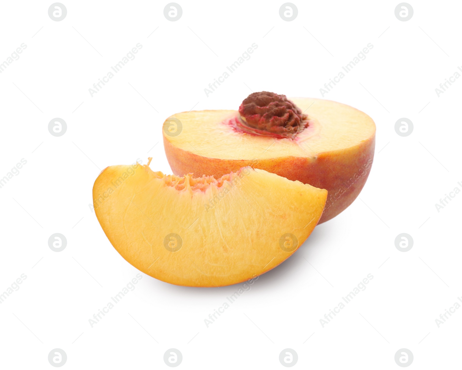 Photo of Cut fresh ripe peach isolated on white