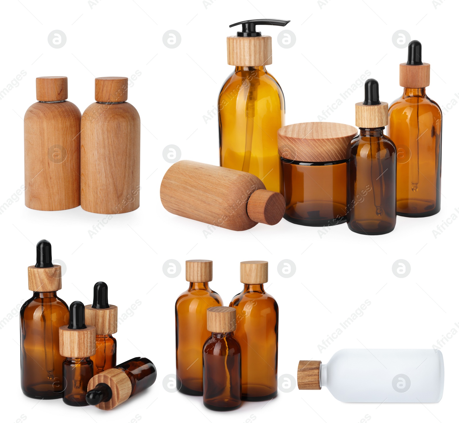 Image of Collage with different bottles isolated on white