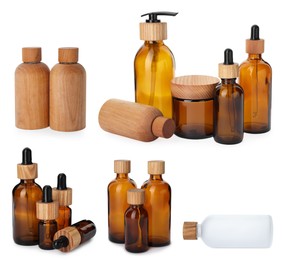 Image of Collage with different bottles isolated on white