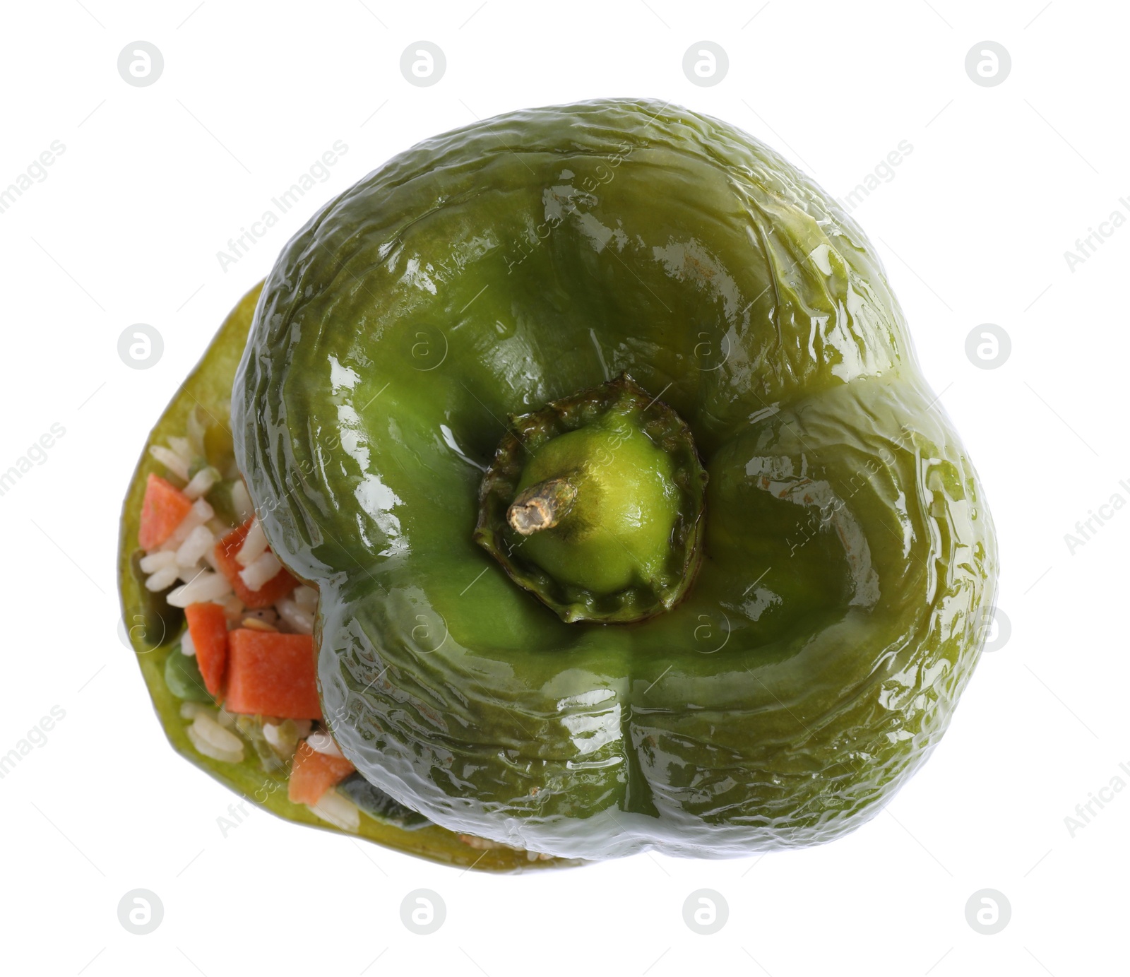 Photo of Tasty stuffed bell pepper isolated on white, top view