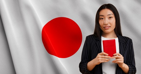 Image of Immigration. Woman with passport against national flag of Japan, space for text. Banner design
