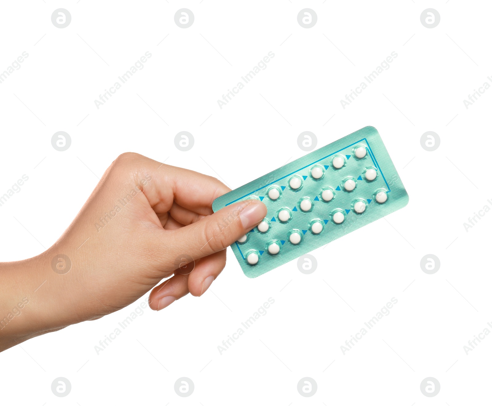 Photo of Woman holding blister of oral contraception pills on white background, closeup