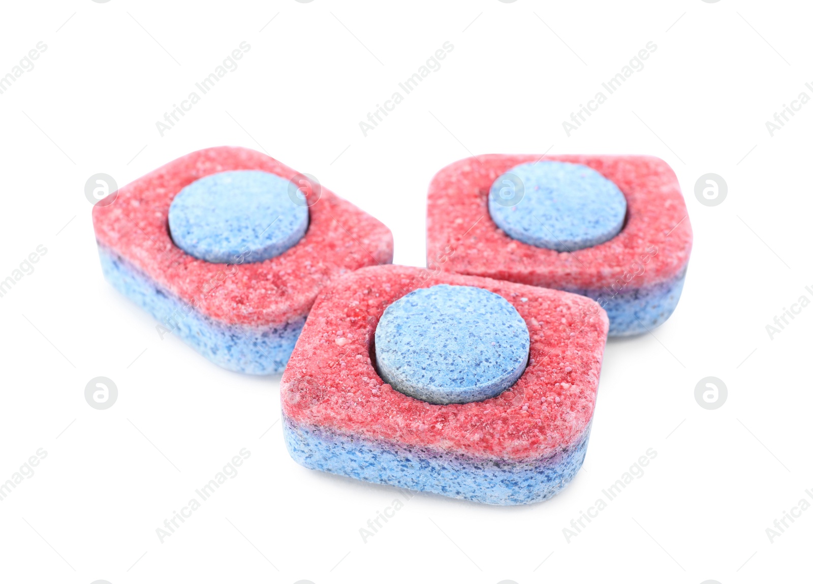 Photo of Many dishwasher detergent tablets on white background