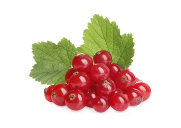 Photo of Pile of fresh ripe redcurrants and green leaves isolated on white