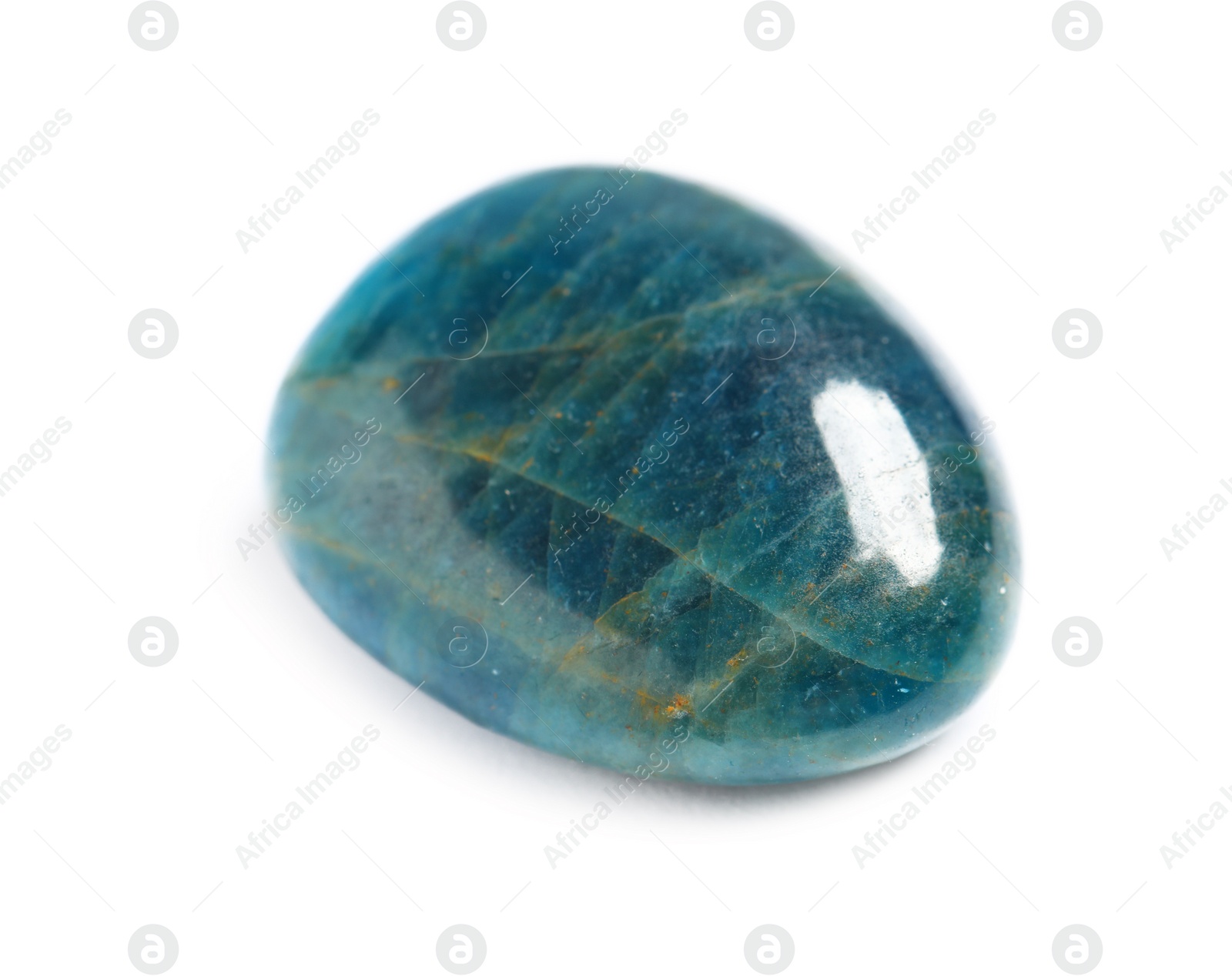 Photo of Beautiful blue apatite gemstone on white background
