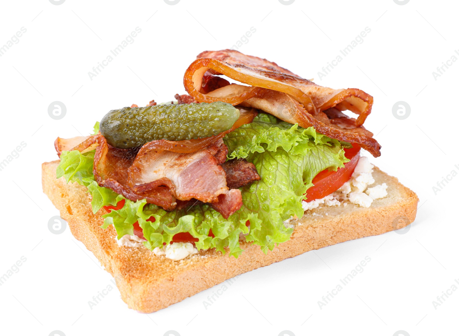 Photo of Tasty sandwich with bacon isolated on white