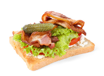 Photo of Tasty sandwich with bacon isolated on white