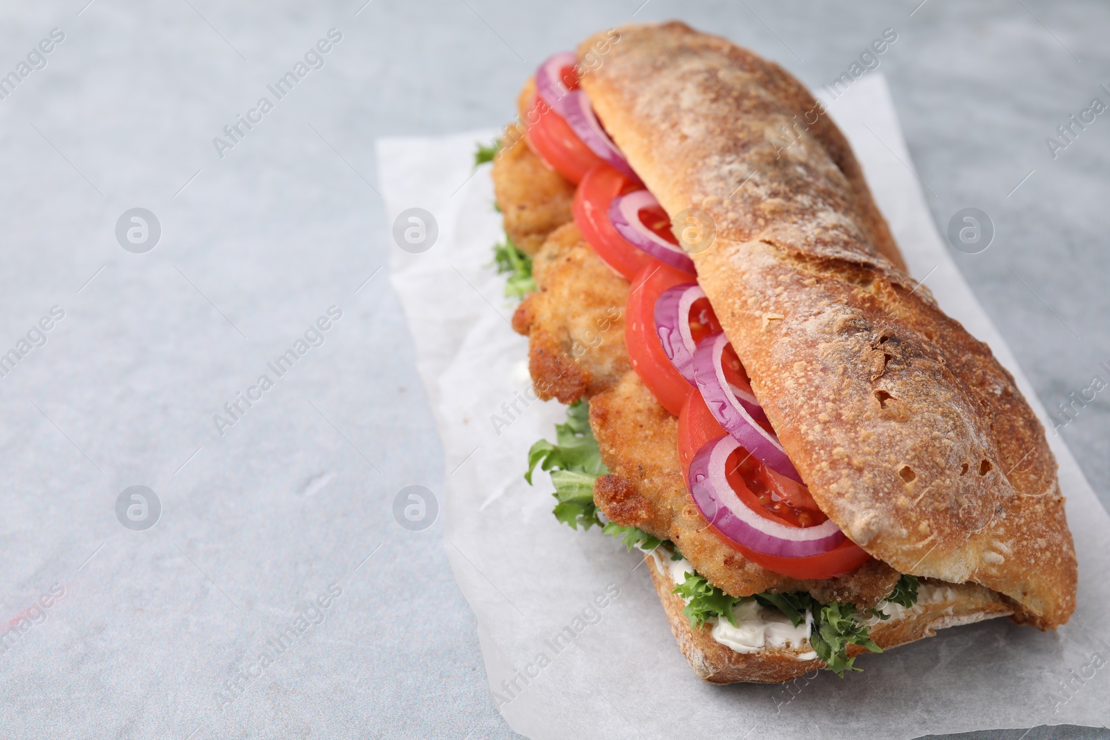 Photo of Delicious sandwich with schnitzel on grey table, space for text