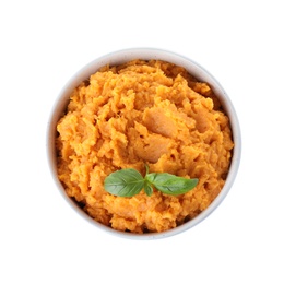 Photo of Bowl with mashed sweet potatoes on white background, top view