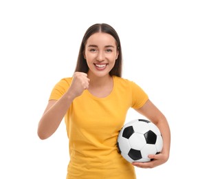 Happy fan holding soccer ball and celebrating isolated on white