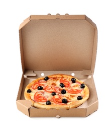 Photo of Open cardboard box with delicious pizza on white background. Food delivery