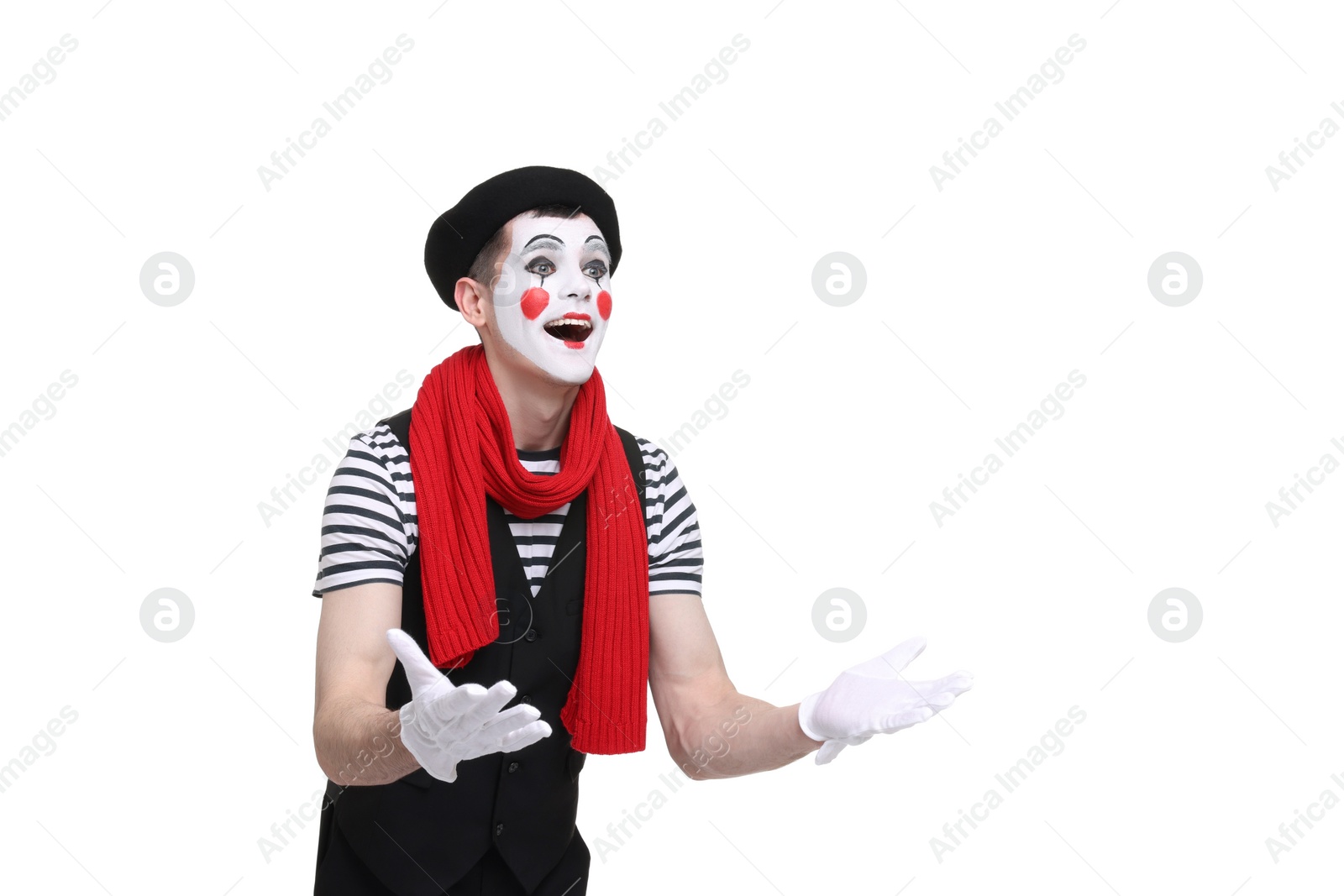 Photo of Mime artist making excited face on white background