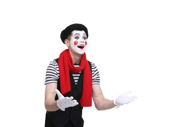 Photo of Mime artist making excited face on white background
