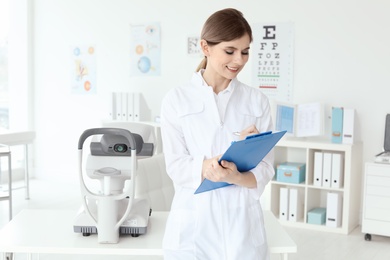 Portrait of female ophthalmologist in clinic