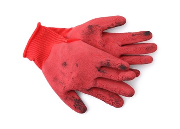 Photo of Pair of red gardening gloves isolated on white, top view