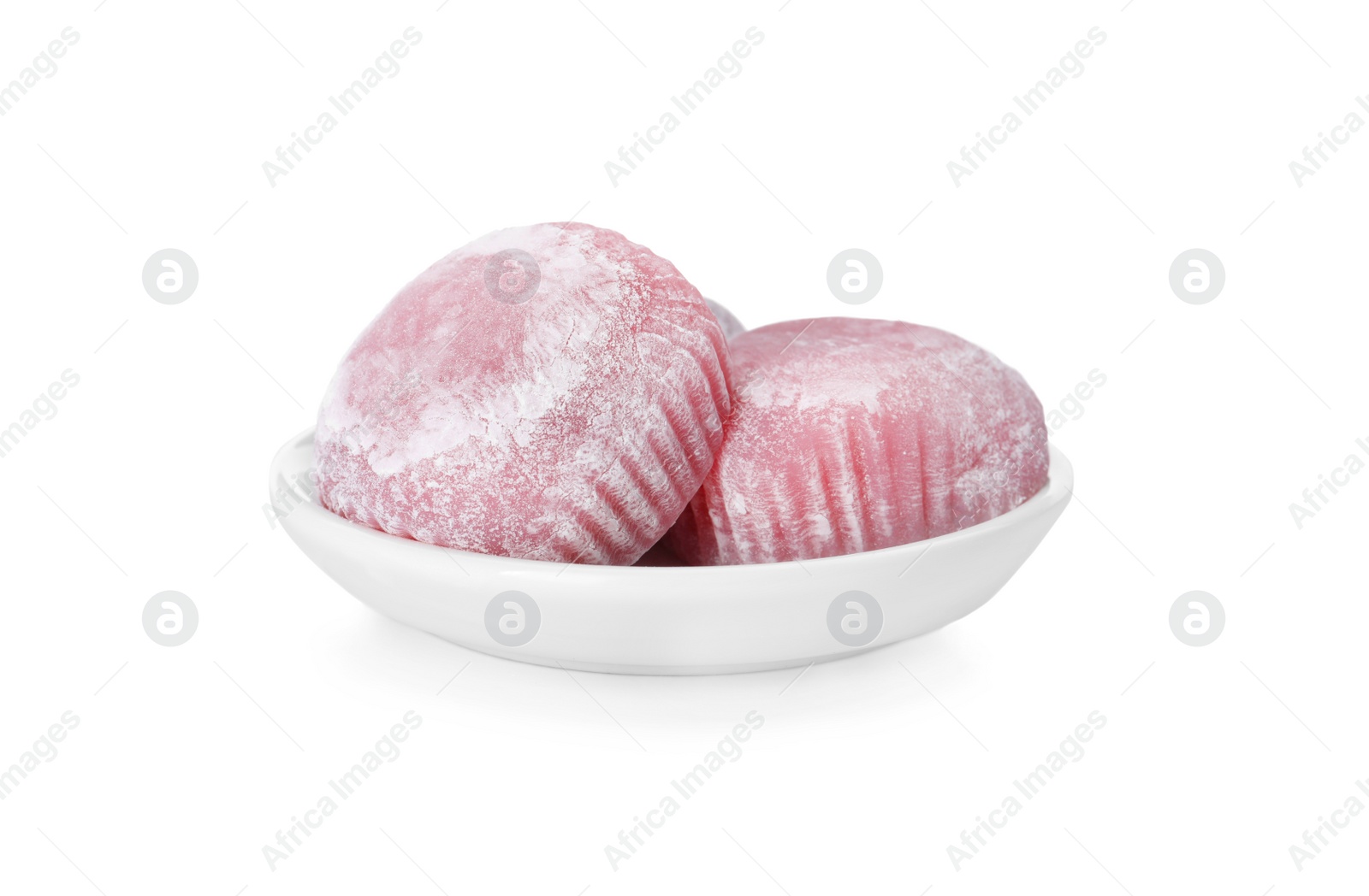 Photo of Plate with delicious mochi on white background. Traditional Japanese dessert