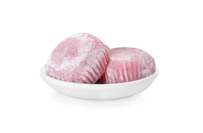 Plate with delicious mochi on white background. Traditional Japanese dessert