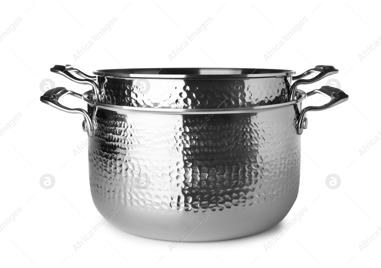 Photo of Modern metallic clean saucepans isolated on white