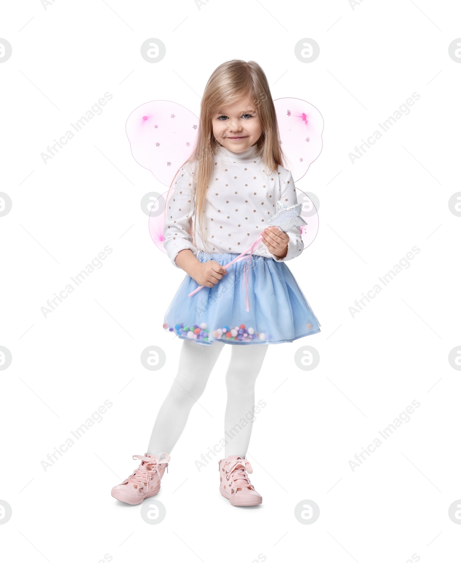 Photo of Cute little girl in fairy costume with pink wings and magic wand on white background