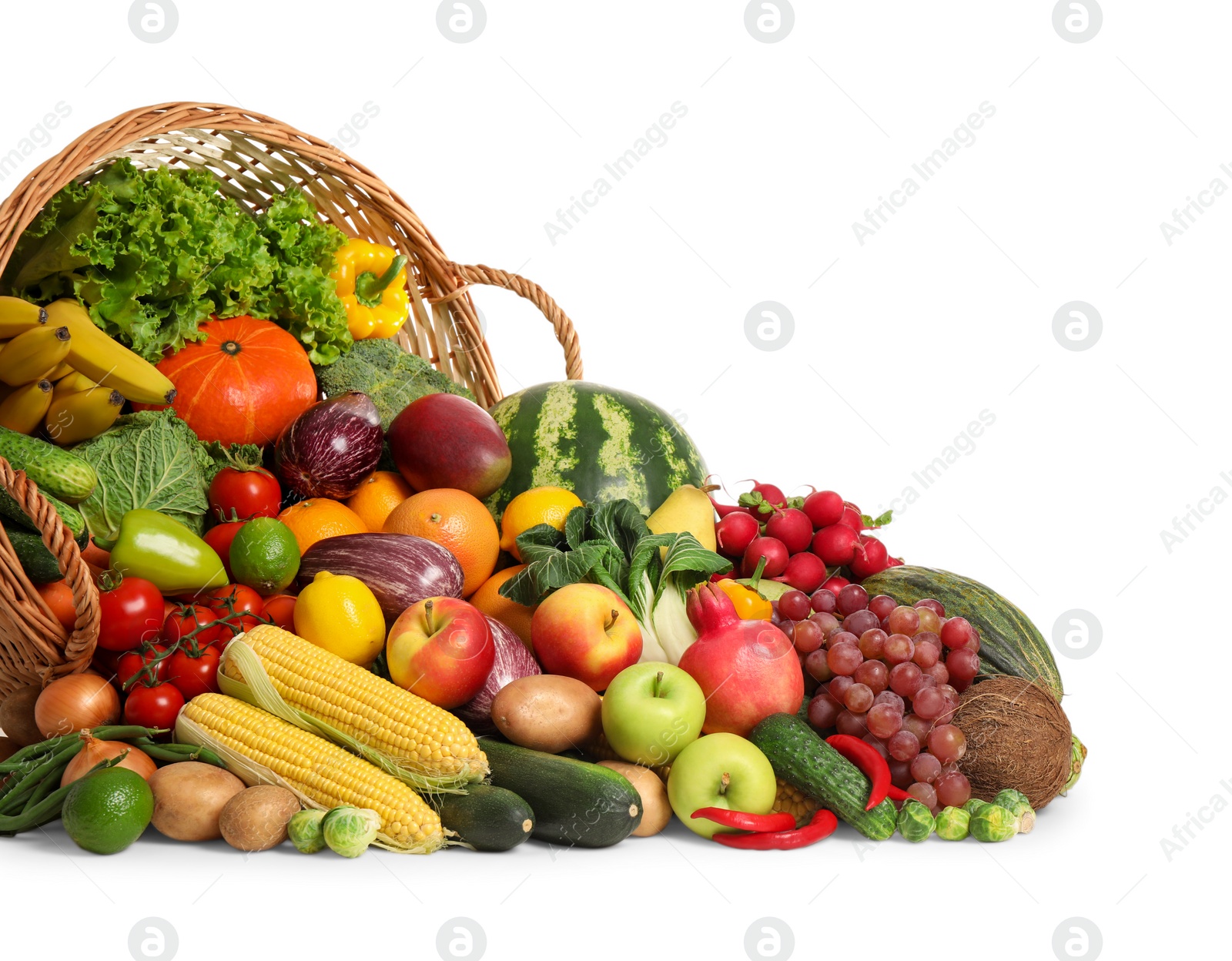 Photo of Assortment of fresh organic fruits and vegetables on white background