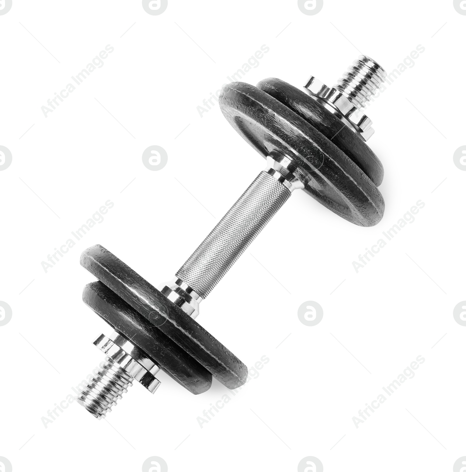 Photo of Metal dumbbell isolated on white, top view. Sports equipment