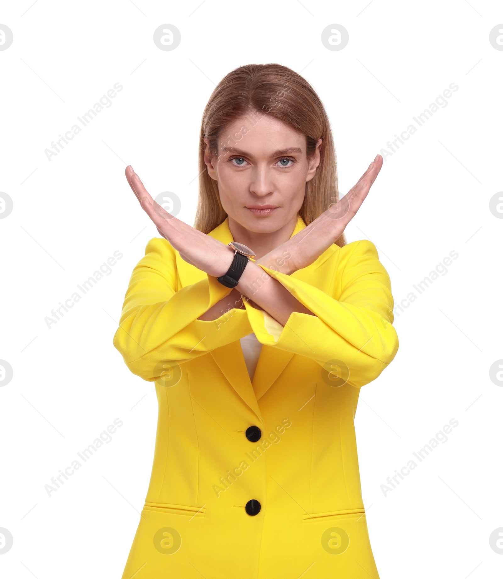 Photo of Portrait of beautiful businesswoman rejecting on white background