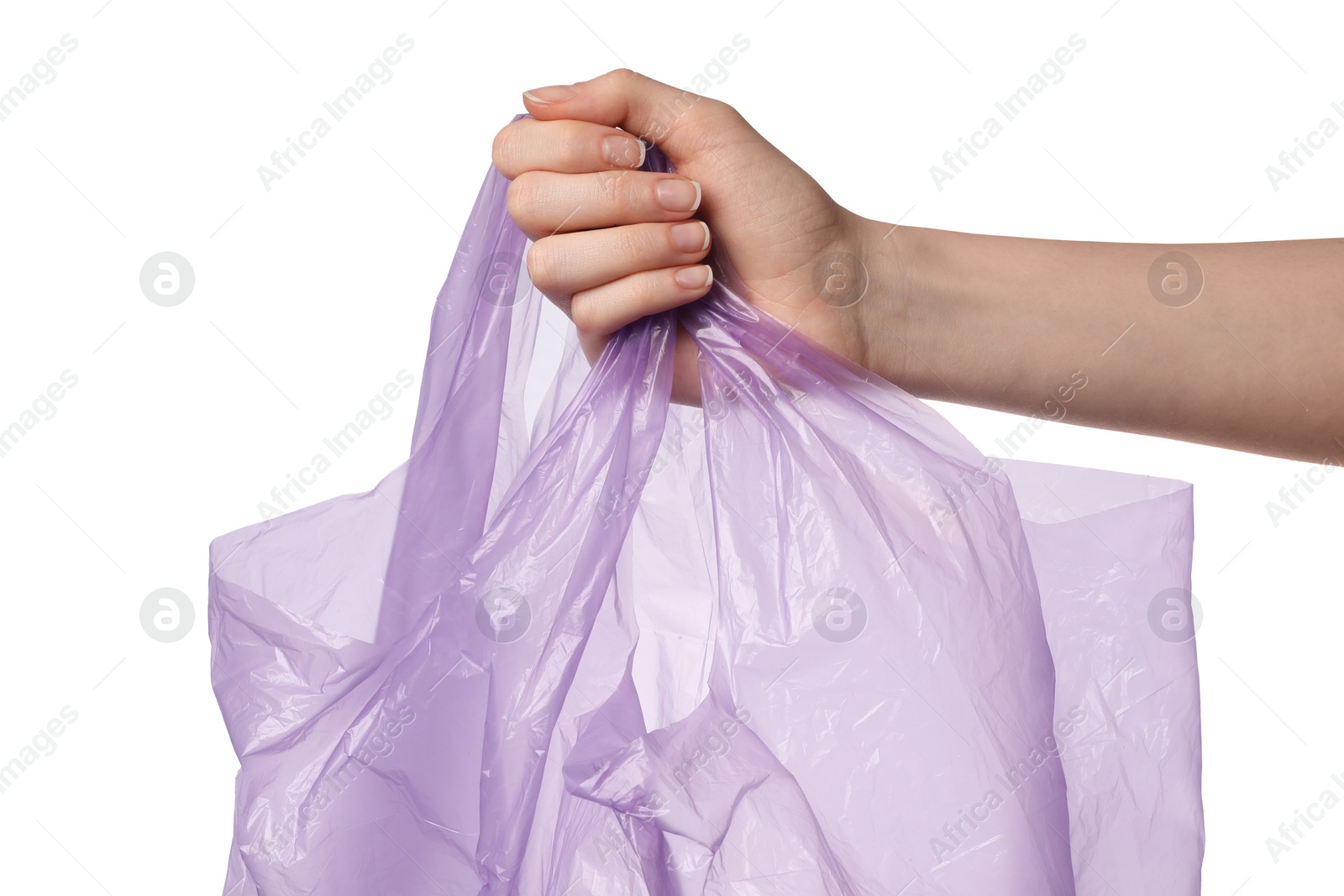 Photo of Woman holding purple plastic bag on white background, closeup