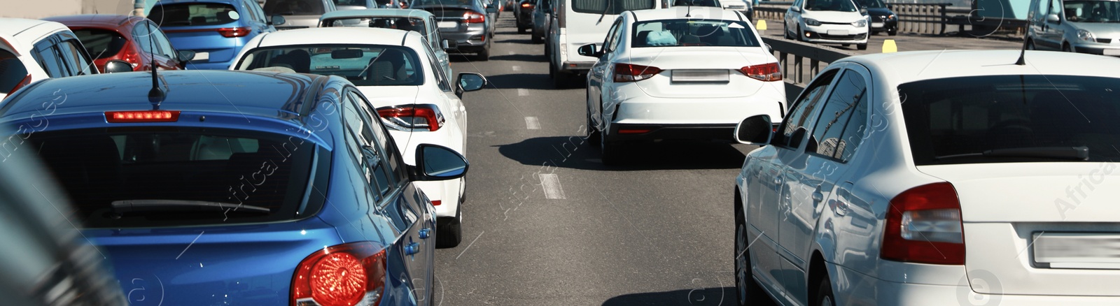 Image of Cars in traffic jam on city street. Banner design