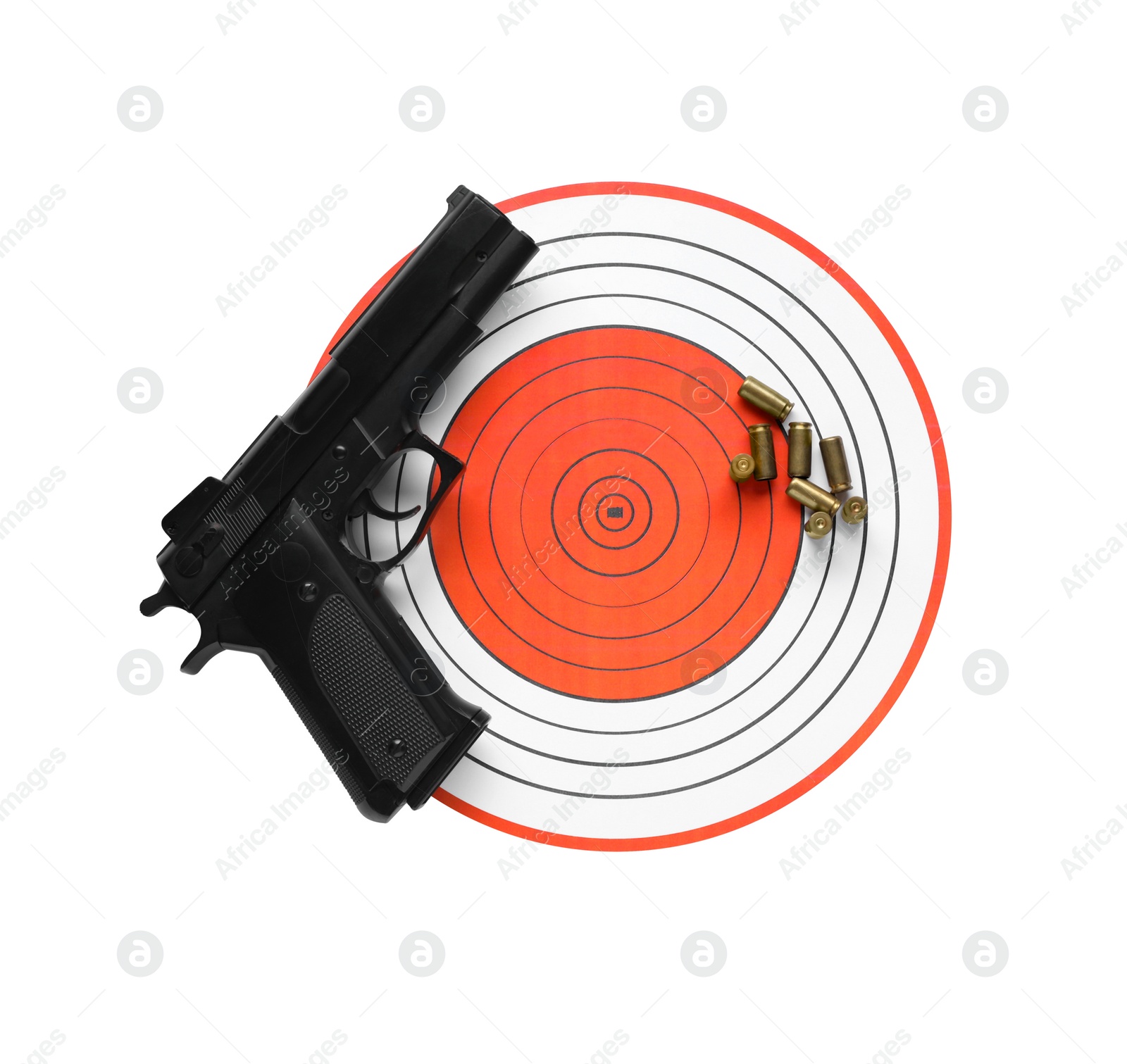 Photo of Shooting target, handgun and bullets isolated on white, top view