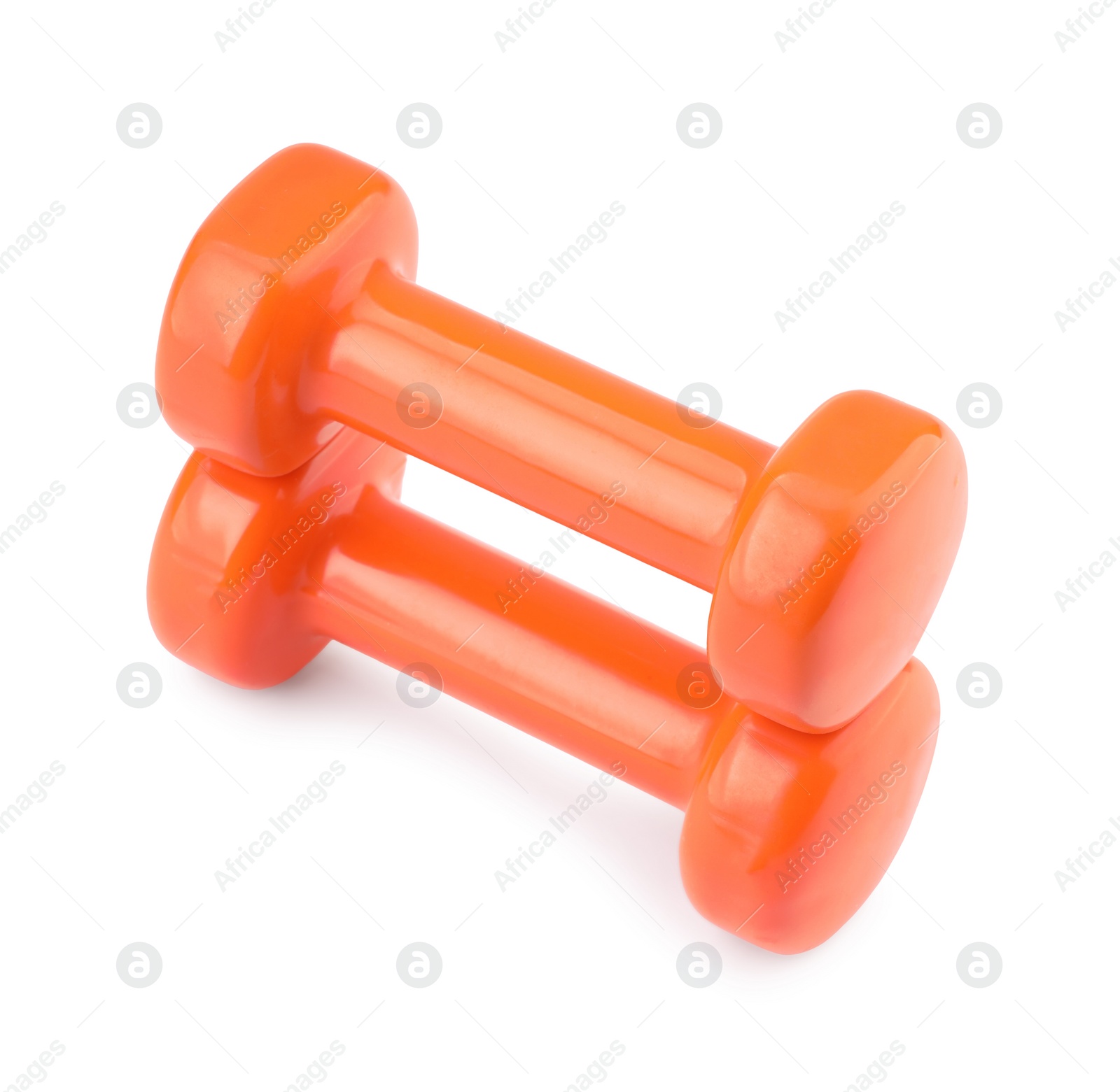 Photo of Orange dumbbells isolated on white. Sports equipment