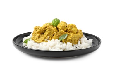 Delicious rice and chicken with curry sauce isolated on white