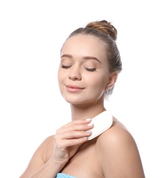 Photo of Young woman with soap bar on white background