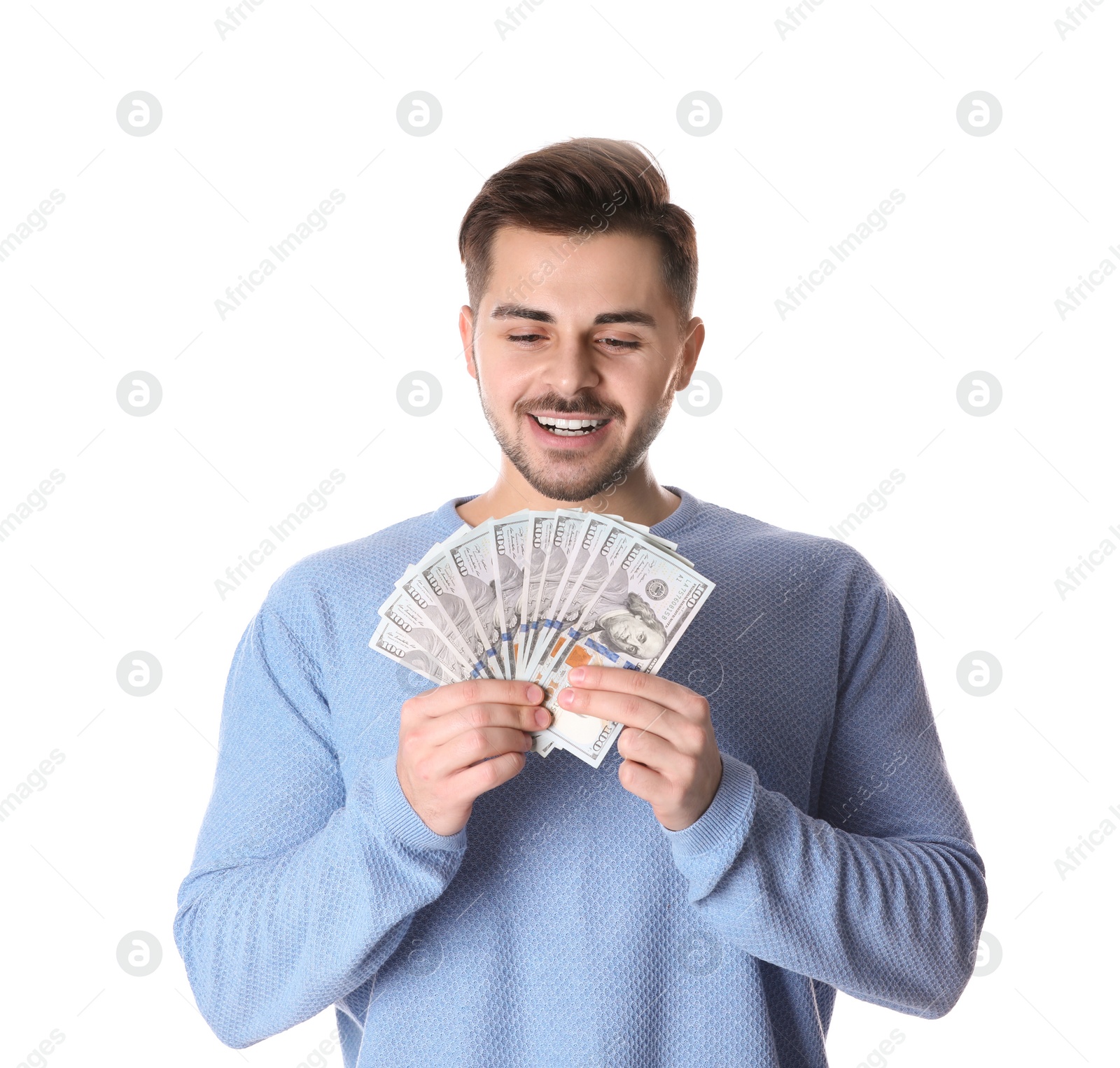 Photo of Portrait of happy young man with money on white background