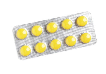 Photo of Blister with bright pills isolated on white, top view