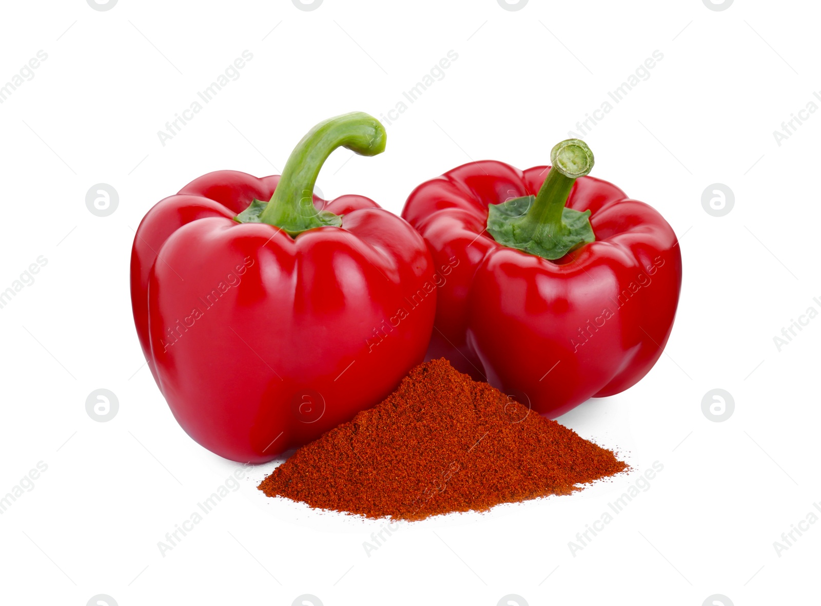 Photo of Heap of aromatic paprika powder and fresh bell peppers isolated on white