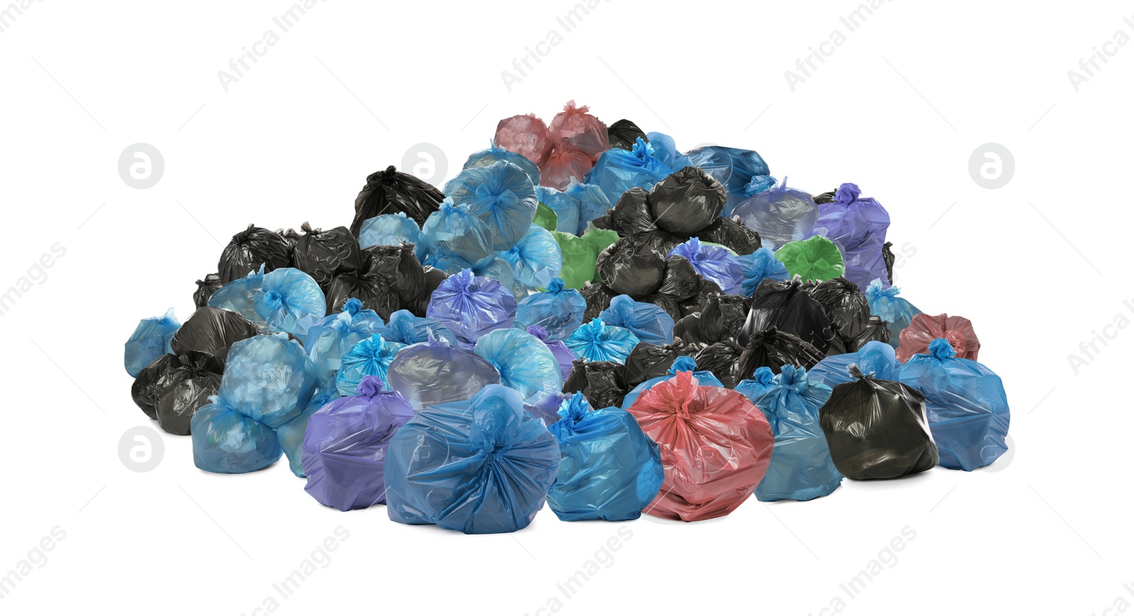 Image of Big heap of trash bags with garbage on white background