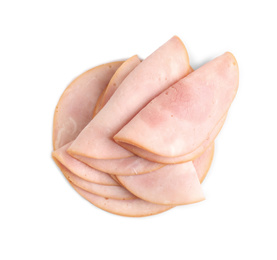 Slices of tasty fresh ham isolated on white, top view